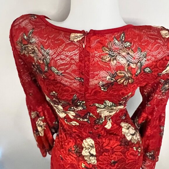 Vfshow Red Floral Lace Bodycon Dress Bell Sleeves Party Prom Dress Size Medium - Picture 4 of 15